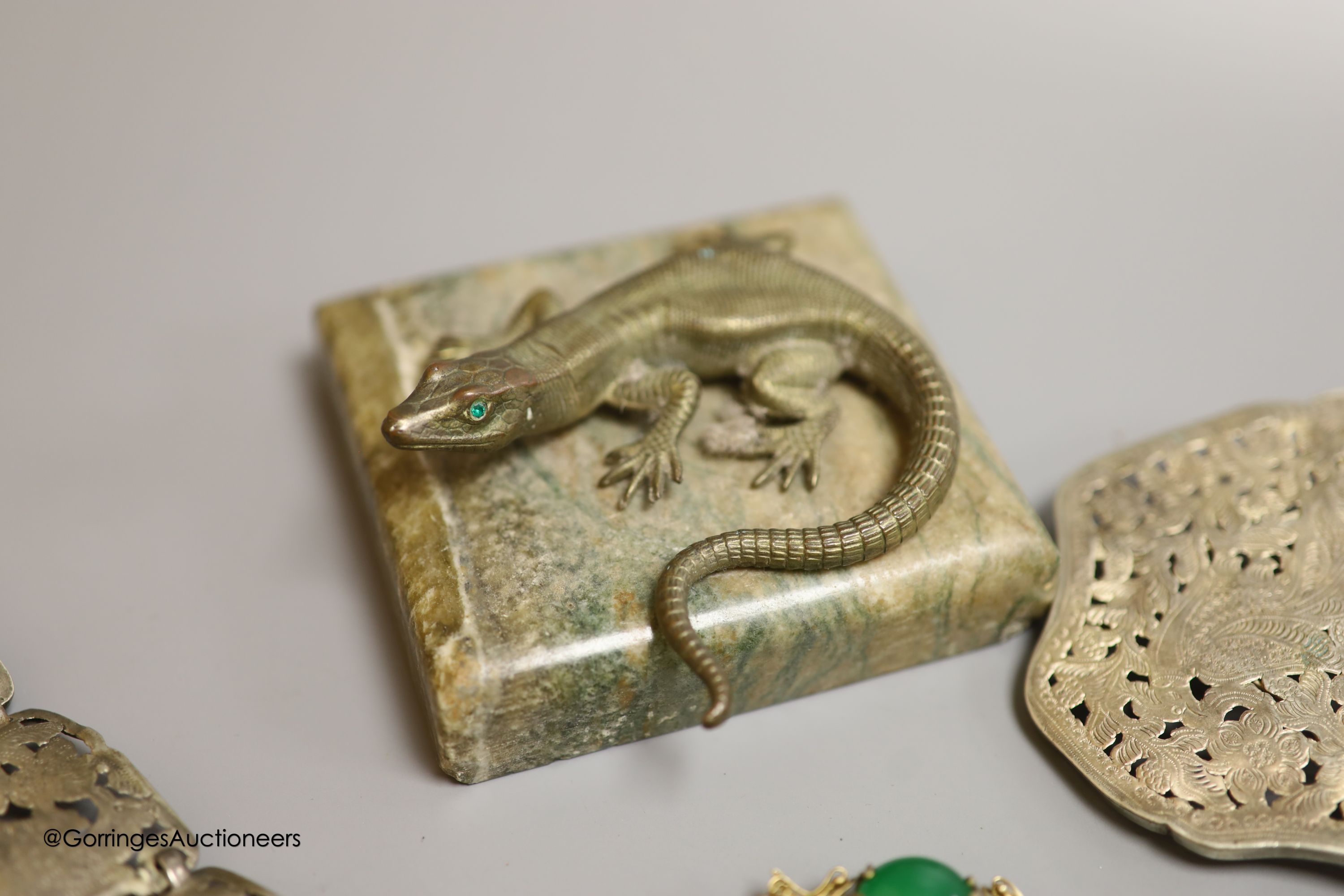 A white metal Chatelaine, together with a Chinese brooch etc.